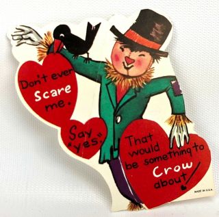 Valentines Card Vtg 40s 50s Ephemera Greeting Scarecrow Black Bird Farm Harvest