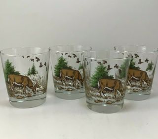 Vtg Set Of 4 Libbey Deer Glasses Lowball Whiskey Tumblers 10oz Whitetail Deer