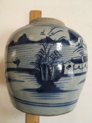 Antique Chinese Export Blue & White Canton Porcelain Ginger Jar