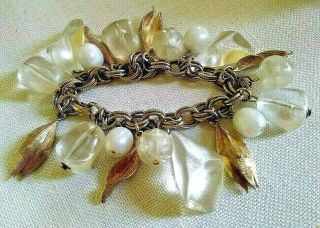Vintage Clear And White Lucite And Goldtone Chunky Charm Cha Cha Bracelet