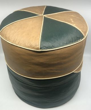Vintage Mid Century Round Cylinder Ottoman Foot Stool Naugahyde Vinyl Green Tan