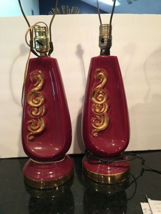 Art Deco Burgundy And Gold Ceramic Mid - Century Modern Lamps - 16” Tall