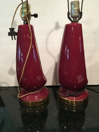 Art Deco Burgundy and Gold Ceramic Mid - Century Modern Lamps - 16” Tall 2