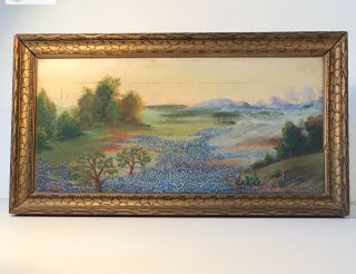 Vintage/antique Texas Landscape Bluebonnets Oil Painting,  Gold Frame,
