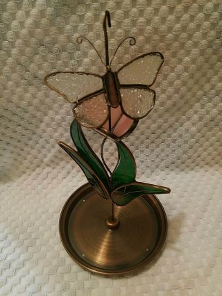 Lovely Vtg Stained Glass Metal Tray Butterfly Flower Bird Feeder Hanger