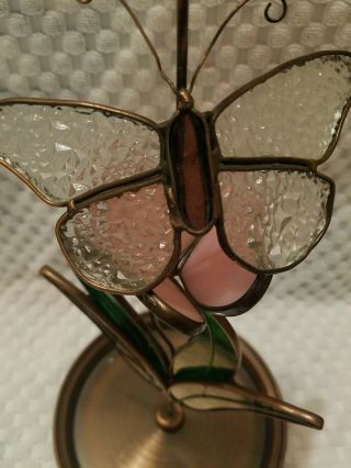 Lovely Vtg Stained Glass Metal Tray Butterfly Flower Bird Feeder Hanger 3