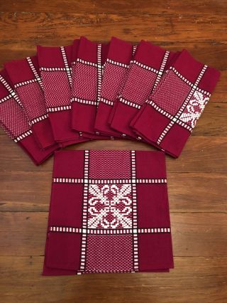 Vintage 8 Cotton Cloth Napkins Dark Red White Mixed Woven Patttern 20” Sq Mcm