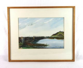 Vintage Mid Century Landscape Watercolor Painting Of Pond Lake Signed
