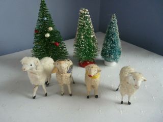 4 Antique German Putz Stick Leg Wooly Sheep Lamb Christmas Ornament Vintage