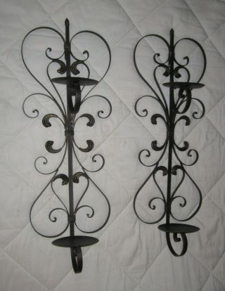 Set Of 2=vintage Rustic Wrought Iron Wall Pillar Candle Holders 29 1/2 " H.