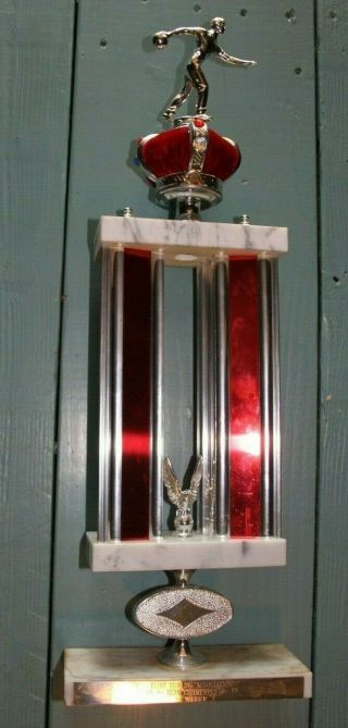 Vintage Men’s Bowling Trophy - 3 Tier Marble Pedestal W/velvet Crown 1973 22 " X8 "