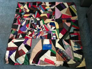 Large Antique Homemade Crazy Quilt,  Silks,  Other Fabrics, .  64 " X 65 "