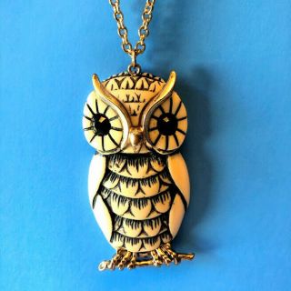 Vintage Owl Necklace Gold Tone With Rhinestone Black Eyes Length 30 