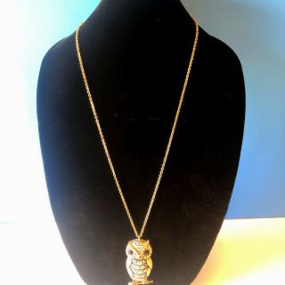 Vintage Owl Necklace Gold Tone with Rhinestone Black Eyes length 30 ' inch. 2