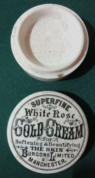 Antique Superfine White Rose Cold Cream Jar,  Lid Burgons Ltd Manchester England