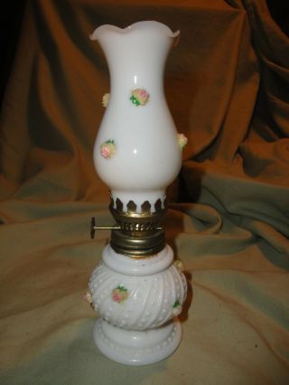 (2824) Vintage White Glass Small Hurricane Oil Lamp Made In Japan Rosebuds