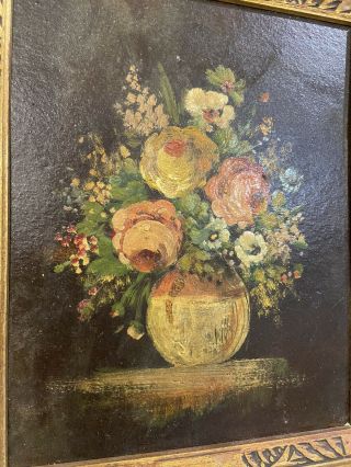 Antique " Rare Victorian Oil Painting Flowers Gorgeous On Black Frame