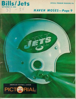 1968 9/29 Afl Football Program,  York Jets V Buffalo Bills Frw