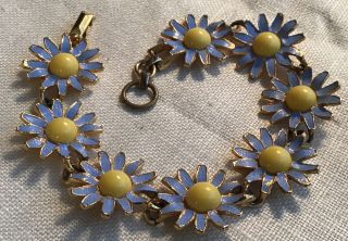 Vintage Weiss Daisy Dasies Blue & Yellow Link Bracelet 7 3/4”