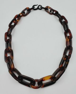1800s Victorian Faux Tortoise Shell Large Loop Link Mourning Necklace 24 "