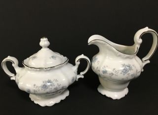 Vintage Johann Haviland Blue Garland Porcelain Sugar Bowl W/ Lid & Creamer