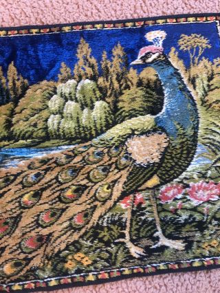 Vintage Italian Wall Hanging Boho Tapestry PEACOCK Flowers 38x19 R.  T.  Co Italy 3