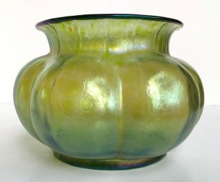 Antique Loetz Vase Art Nouveau Iridescent Crete Rusticana Ribbed Green