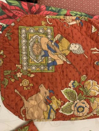 Vintage 8 Quilted Place Mats,  8 Napkins,  Coral Asian Figures Animals Flowers 3