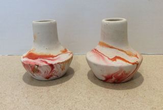 Pair Vintage Matching Nemadji Pottery Usa 3.  5 " Vases Red Orange Swirl