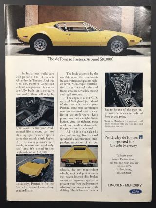 1972 De Tomaso Pantera Vintage Print Ad Ford Lincoln Mercury 8x11” Pla 05