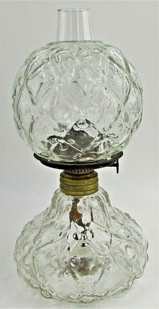 Antique Victorian Miniature Oil Kerosene Gwtw Lamp Clear Glass Quilted Florette