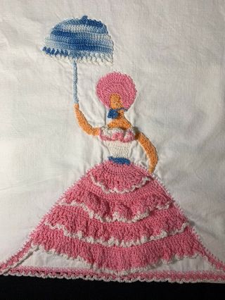 2 Vintage Embroidered Edging Southern Belle W/ Parasol Umbrella Pillow Case Set
