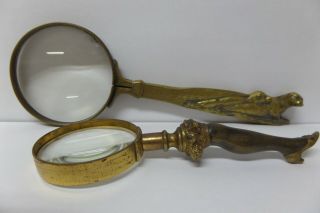 Two Antique Brass Magnifying Glasses: Seals Handle (austria) & Ladies Leg Handle