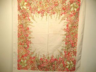 T 11,  Vintage Tablecloth,  Flowers,  Red,  Corals & Green,  46 X 52 Inches