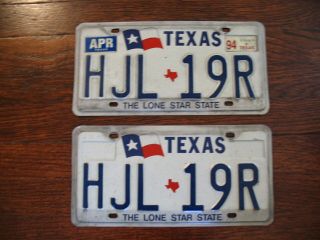 Pair Vintage 1994 Texas License Plates Hjl 19r