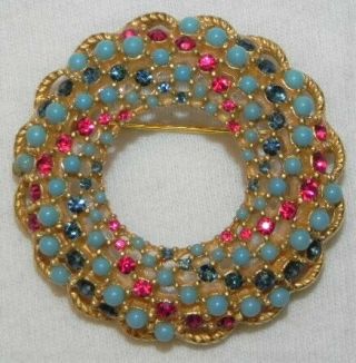 Vintage Sarah Coventry Red Rhinestone Turquoise Blue Bead Circle Pin Gold Brooch