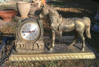Antique Sessions Cast Metal Western Horse Mantle Clock Model W Copper Plate