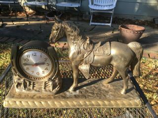 Antique Sessions Cast Metal Western Horse Mantle Clock Model W Copper Plate 3
