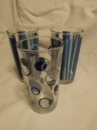 Three Pretty Blue Stripe Beverage Glasses Vintage Made In Indonesia