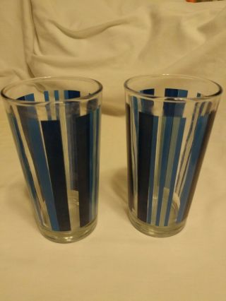 Three Pretty Blue Stripe Beverage Glasses Vintage Made in Indonesia 3