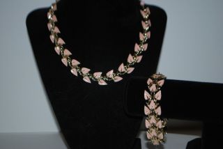 Vintage Coro Necklace And Bracelet Set Pink Enamel Silver Tone