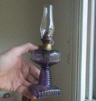 Antique 1890s Amethyst Glass Miniature Oil Lamp With Square Base Complete