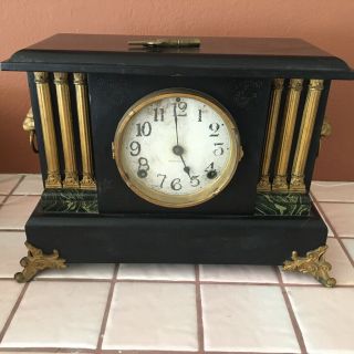 Antique E.  Ingraham Co.  3 Column Black And Gold Mantle Clock