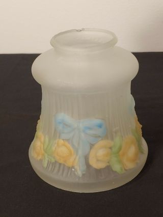 Vtg Art Nouveau Glass Lamp Shade Reverse Painted Flowers & Ribbons 2 1/4 " Fitter