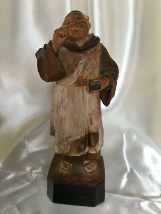 Vintage Wood Carved Monk Snuff Dip Maybe Anri 7” Tall Collectible Catholic