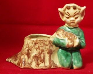 Vintage Ceramic Pixie Elf Fairy Figurine In Green Suit By Hollow Log Planter