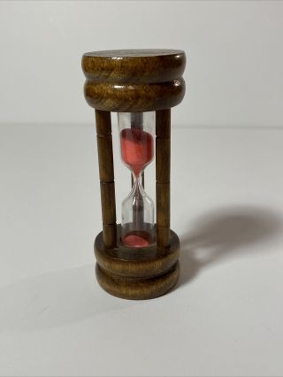Vintage Wooden 3 Minute Hourglass With Pink Sand 4” Tall Egg Timer