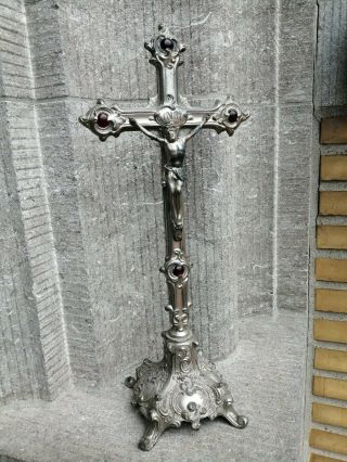 Rare Antique Vintage Metal Ornamental Art Nouveau Standing Crucifix Jesus Corpus