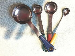 Vintage Stainless Measuring Spoons With Colored Celluloid Handles