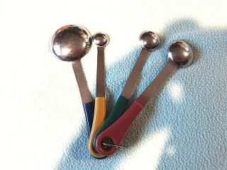 Vintage Stainless Measuring Spoons With Colored Celluloid Handles 3